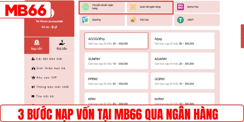 3 bước nạp vốn tại MB66 qua ngân hàng
