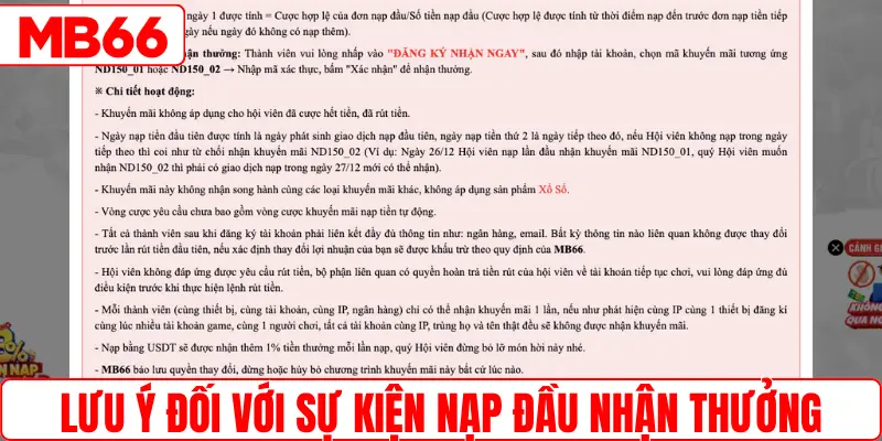 Lưu ý đối với sự kiện nạp đầu nhận thưởng